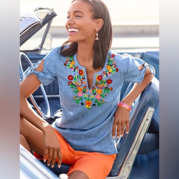 Talbots Embroidered Linen Blend Pop Over Chambray Blouse Medium NWT - Picture 8 of 8